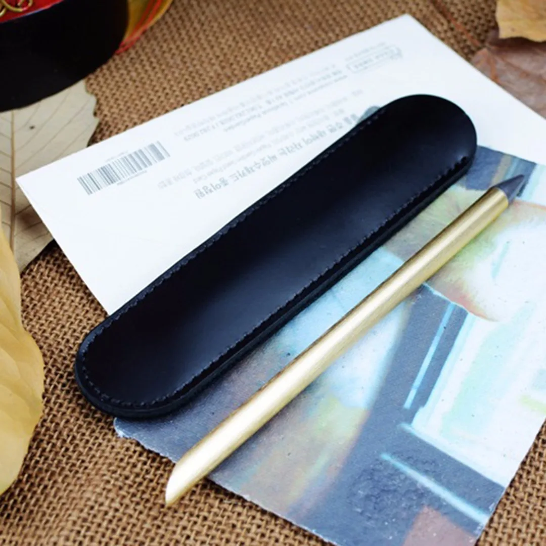 1pc Black Leather Handcrafted Single Pen Pencil Bag Holder Storage Sleeve Pouch