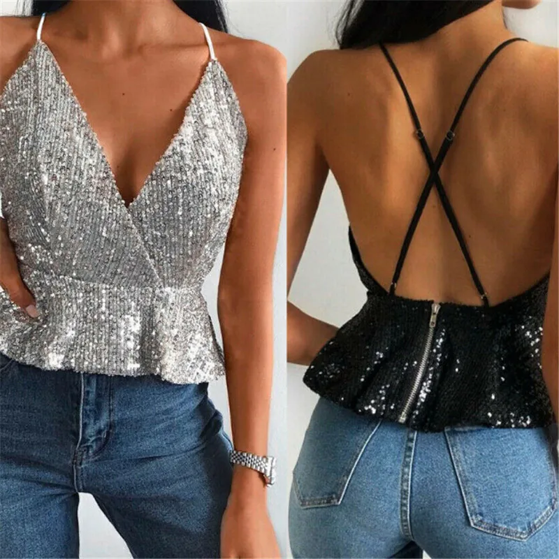 Модная сексуальная женская одежда сарафан sequin zipper Vest без рукавов v-образный вырез Свободные майка из полиэстера one pieces