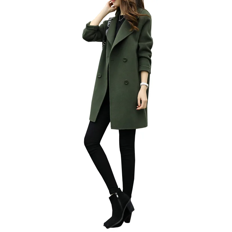 New Thin Wool Blend Coat Women Long Sleeve Turn down