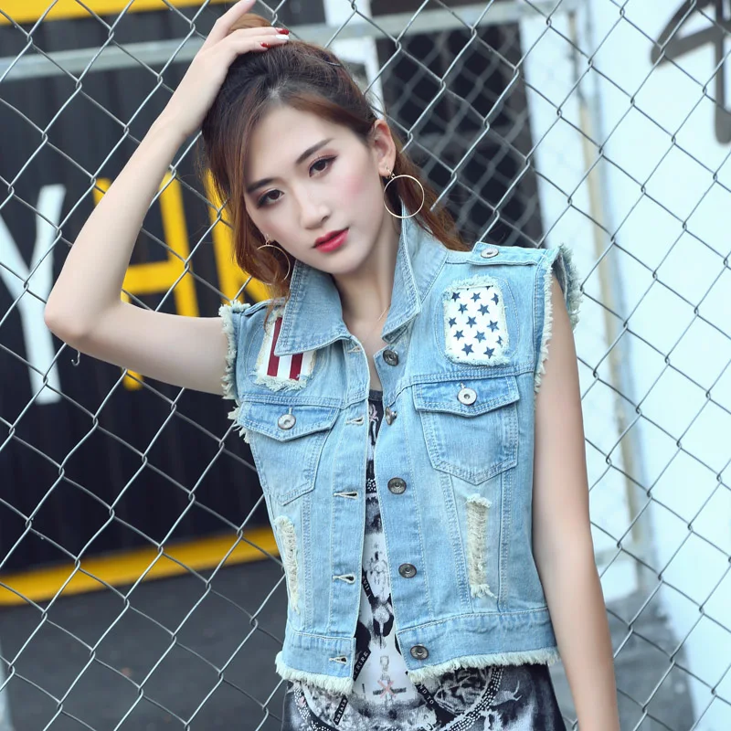 Женский короткий жилет Vetevidi винтажный ковбойский без рукавов 9359|colete jeans|sleeveless