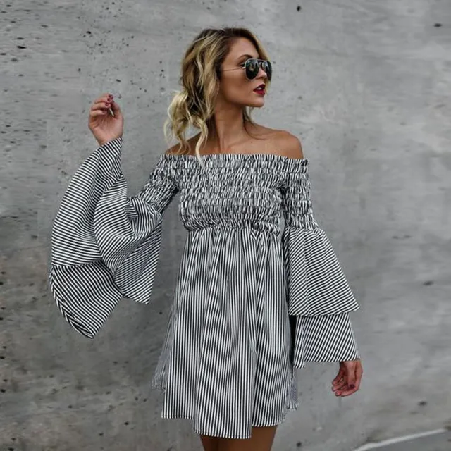 Womens Vertical Striped Dress Sexy Big Flare Sleeve Off The Shoulder Dress Ladies Fashion Summer Dress Dropping #L 1