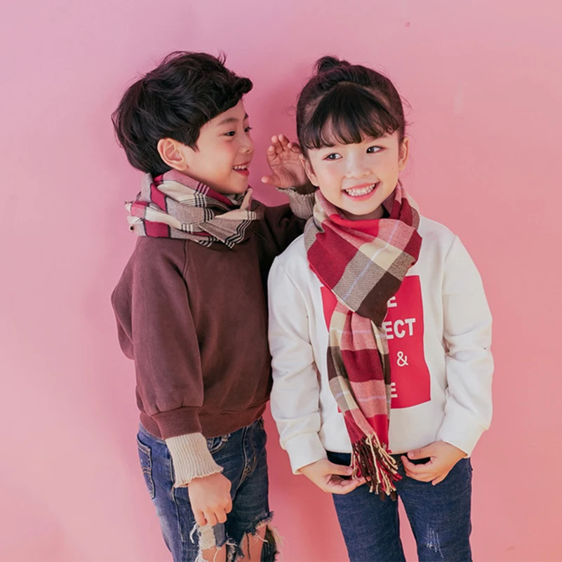 Детские шарфы для мальчиков и девочек, брендовый кашемировый шарф в клетку с кисточками, осенне-зимний плотный теплый платок для детей 190*35 см, шейный платок