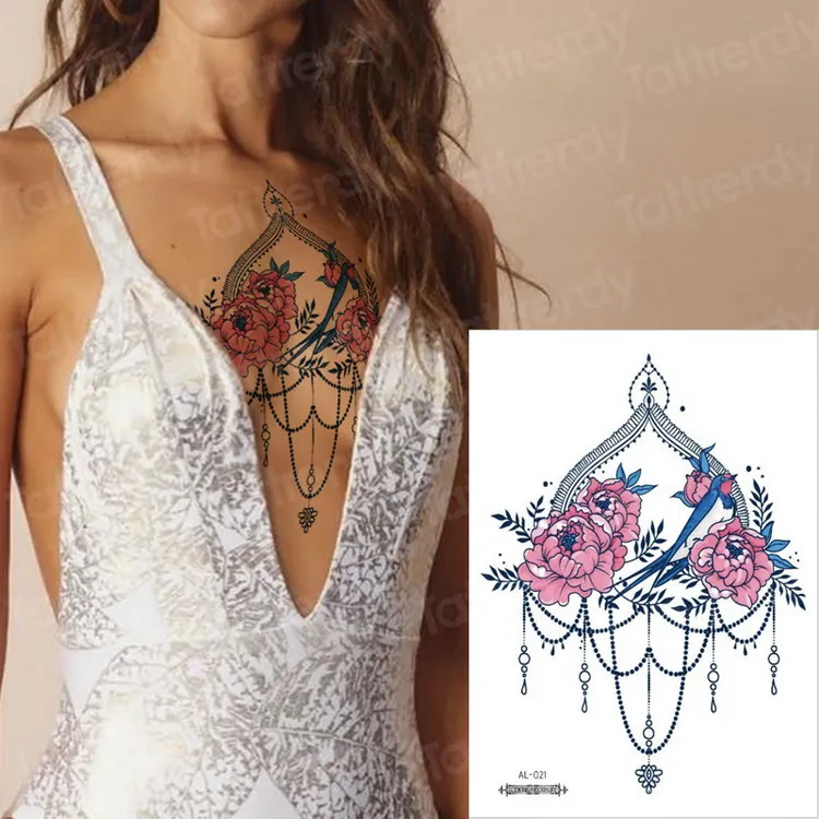 Водонепроницаемые Временные татуировки для женщин под татуировка на грудь Мандала Лотос эскиз цветок для росписи хной наклейки бикини сексуальные тату - Цвет: AL21