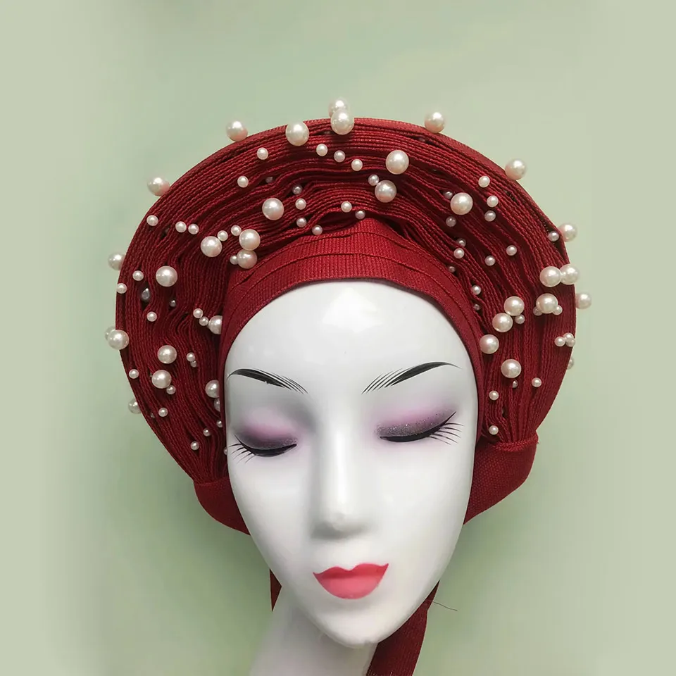 

Elegant African occasion design Auto Gele readymade nigeria aso oke autogele In Red MONA-3
