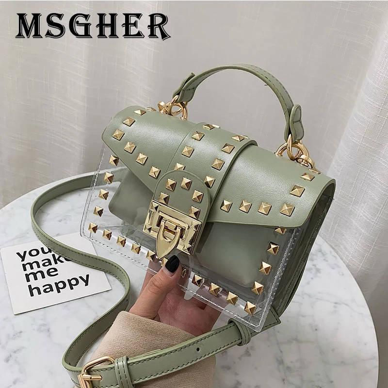 

MSGHER Women Messenger Bags High Quality PVC Transparent Jelly Bag Summer Girl Fashion Rivet Chains Beach Shoulder Bag Flap