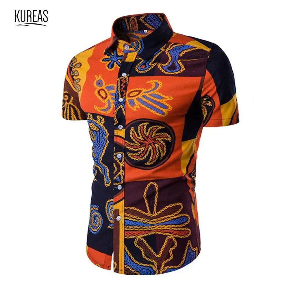 

Kureas Dashiki Men African Clothes Casual Shirts Print Fashion Summer Blouse Plaid Tribal Tops Beach Fashion Clothing Holiday