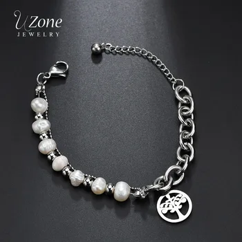

UZone Trendy Stainless Steel White Freshwater Pearl Chain bracelet With Life Tree Pendant Baroque Pearl Bracelet for Women Gift
