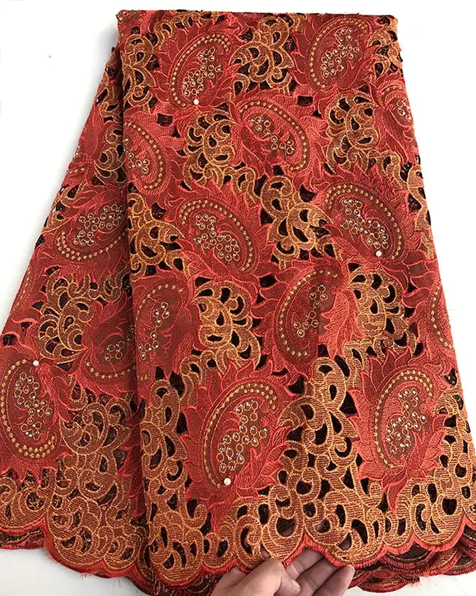 5 ярдов Белое золото Handcut африканская Кружевная Ткань красивая нигерийская одежда кружевная ткань для шитья с большим количеством камней - Цвет: Burn Orange