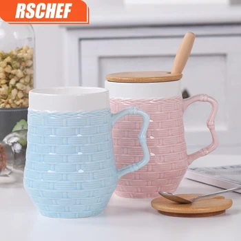 

RSCHFE Ceramic cup with wooden lid spoon milk coffee cup