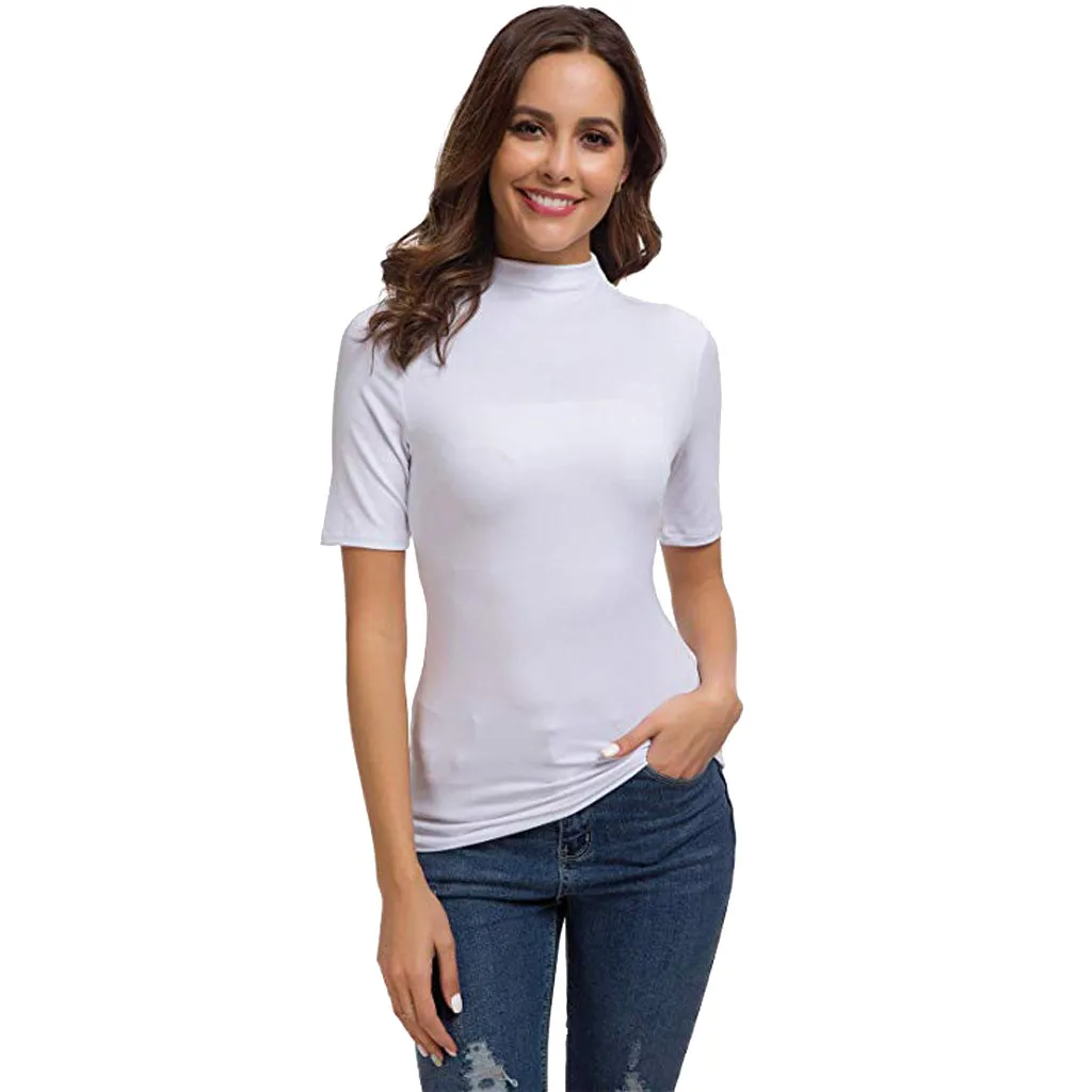 Summer 2019 Fashion Casual Turtleneck Solid Tops Blouse Basic Tee Top ...