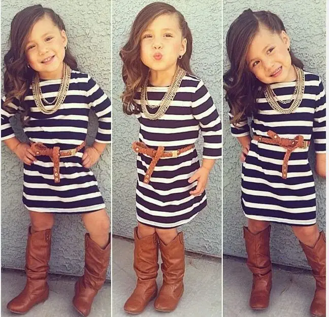 

2016 New Girls Cotton Striped Printed Dresses Girl Children Baby Fashion Kids Clothes Quality Casual Long-sleeve Dress Clothing