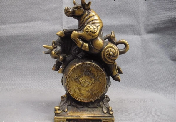 

150401 S0960 Chinese Copper Bronze Feng shui Lucky Stock market Wealth Two Bull Drum Statue