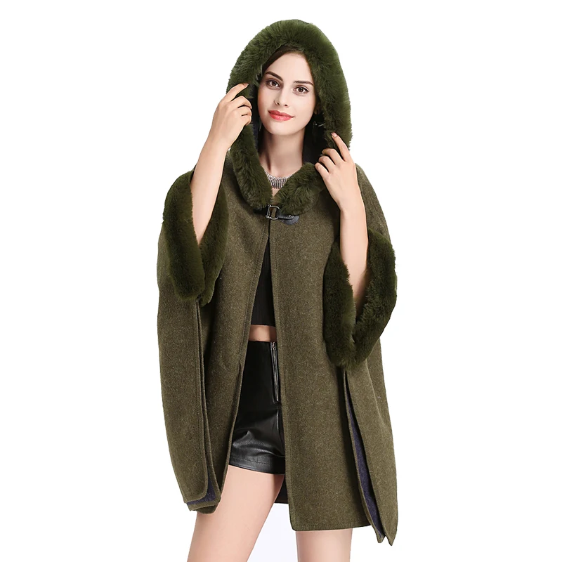 

Luxury New Occident Rabbit Fur Hooded Cape Cloak Overcoat Poncho Shawl Pashmina Women Autumn Winter Loose Fur Coat