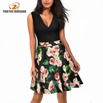 

Women Vintage Dress Floral Print Patchwork Elegant Dresses One Line Summer Knee Length Sleeveless V Neck Midi Dresses Vestido