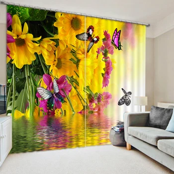 

Europe Blackout Curtains Yellow Flower Colored Butterfly 3D Pattern Fabric Washable Girl Bedroom Curtains Window for Living Room