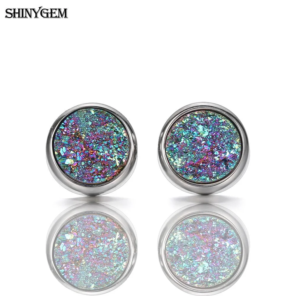 Серьги-гвоздики из нержавеющей стали ShinyGem Druzy, высокое качество, 6 мм/8 мм/10 мм, круглые модные сверкающие серьги из натурального камня для женщин - Окраска металла: Rainbow