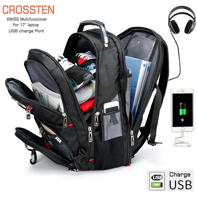 Crossten Swiss Multifunctional 17.3" Laptop Backpack sleeve case bag Waterproof USB Charge Port Schoolbag Hiking Travel bag