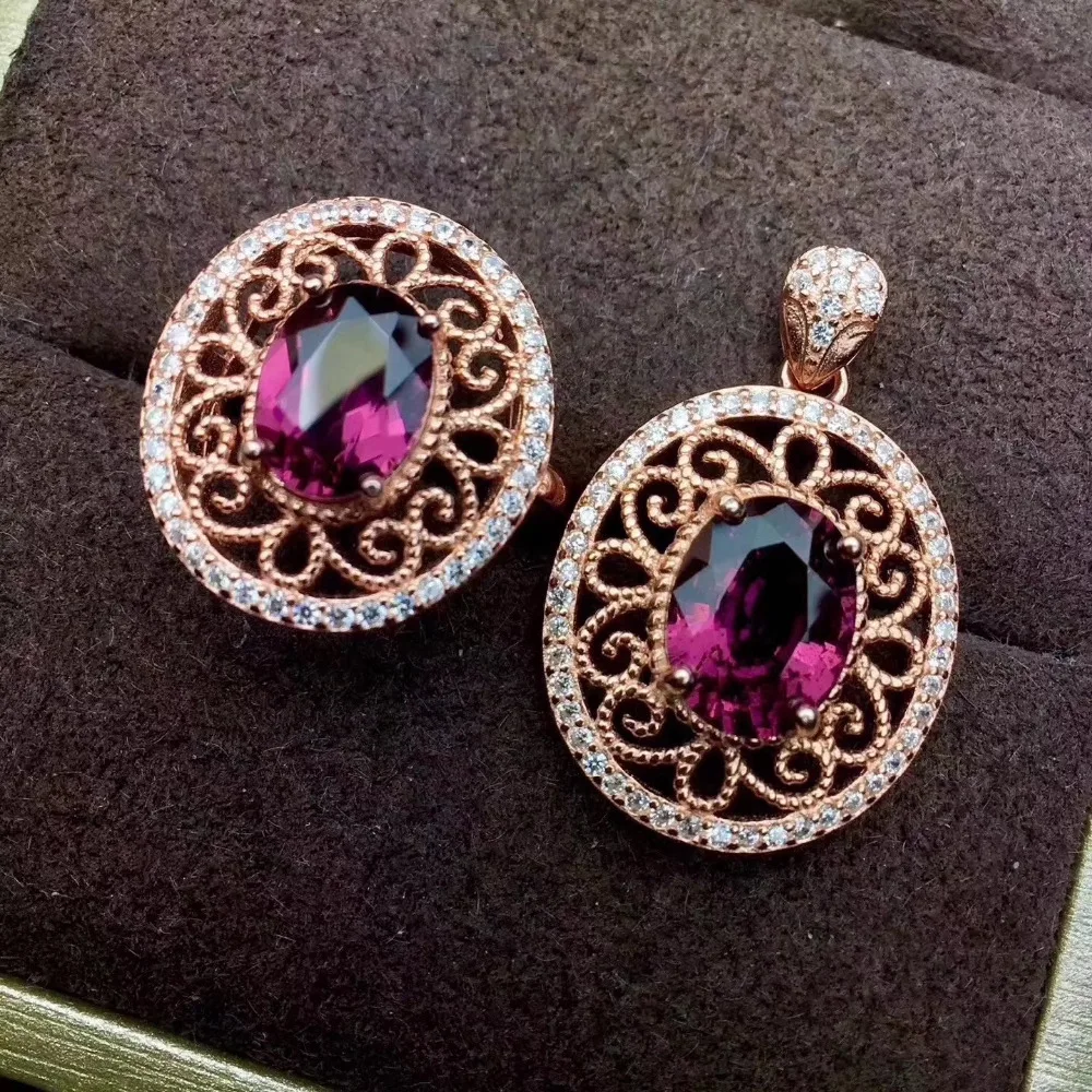 Отличающаяся хорошей устойчивостью натуральный 7*9 мм Гранат s925 стерлингового серебра полые тонкой Набор украшений для женщин натуральный кольцо из драгоценного фиолетового камня/ожерелье