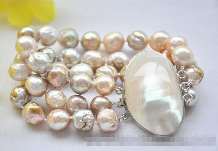

Z7055 3Strds 12mm pink lavender almost round keshi Edison pearl BRAECLET 8inch @^Noble style Natural Fine jewe SHIPPING 6.2