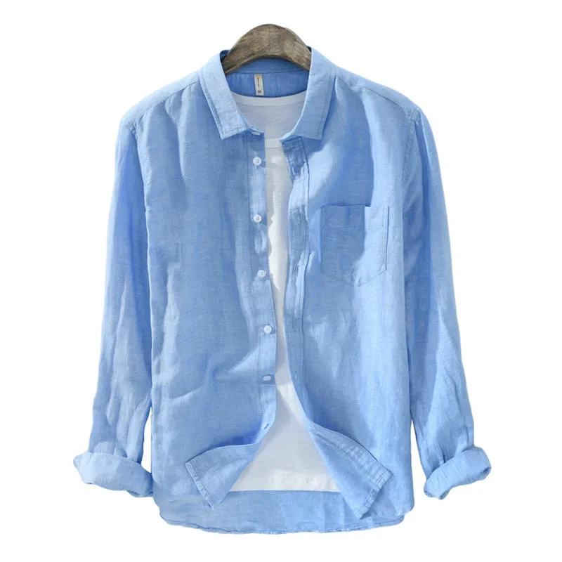 

Titmsny Men High Quality 2018 Fashion Cotton and Linen Casual Slim Shirt Streetwear Long Sleeve Solid Color White Blue Shirts