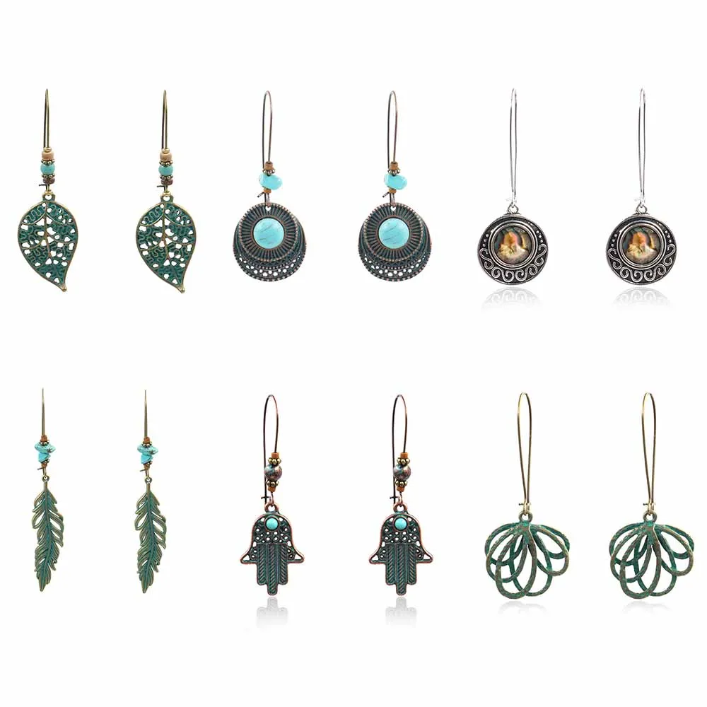 

YGLCJ Bohemian Earrings Statement Jewelry Exaggerated Vintage Green Metal Drop Earrings Ms. Boho Flower Tassel Earrings