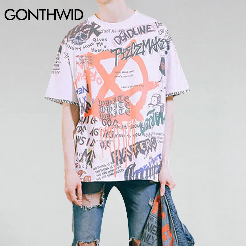 

GONTHWID Graffiti Anarchy Symbol T-Shirt Punk Gothic Symbol Sign Printed Tshirts Men 2019 Summer Hip Hop Short Sleeve Streetwear