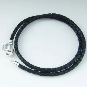 

Authentic 925 sterling silver lock Clip charm and braided black leather bracelet female European - Style charm bracelet