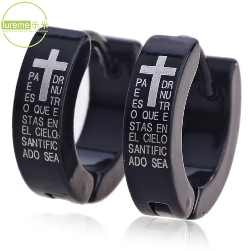 

New Arrival 2015 High Quality Lureme mens's Black Titanium Steel Cross and Scriptures Pattern Earrings For mens Gift Jewelry