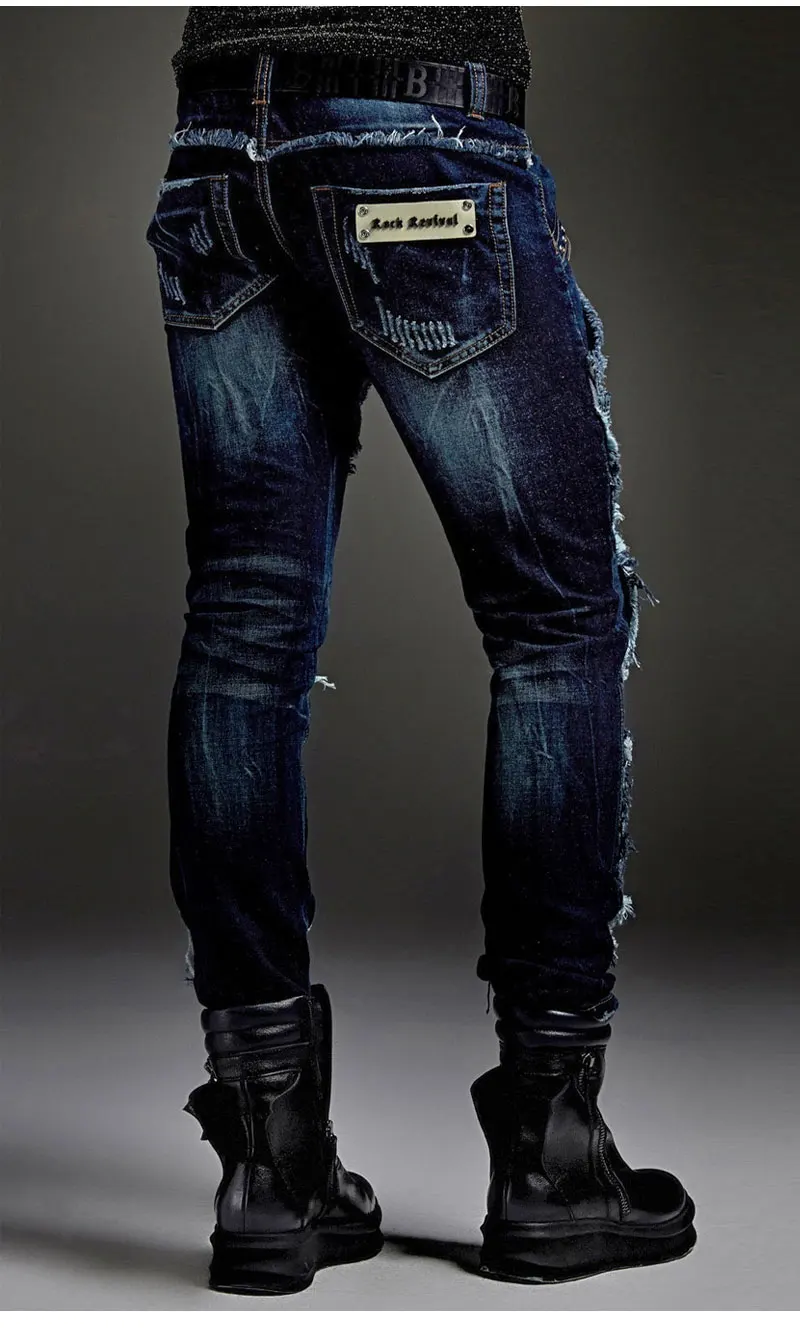 Осень Зима Европа панк стиль зауженные мужские джинсы модные Сращенные сценические джинсы мужские уличные удивительные специальные заклепки джинсовые брюки