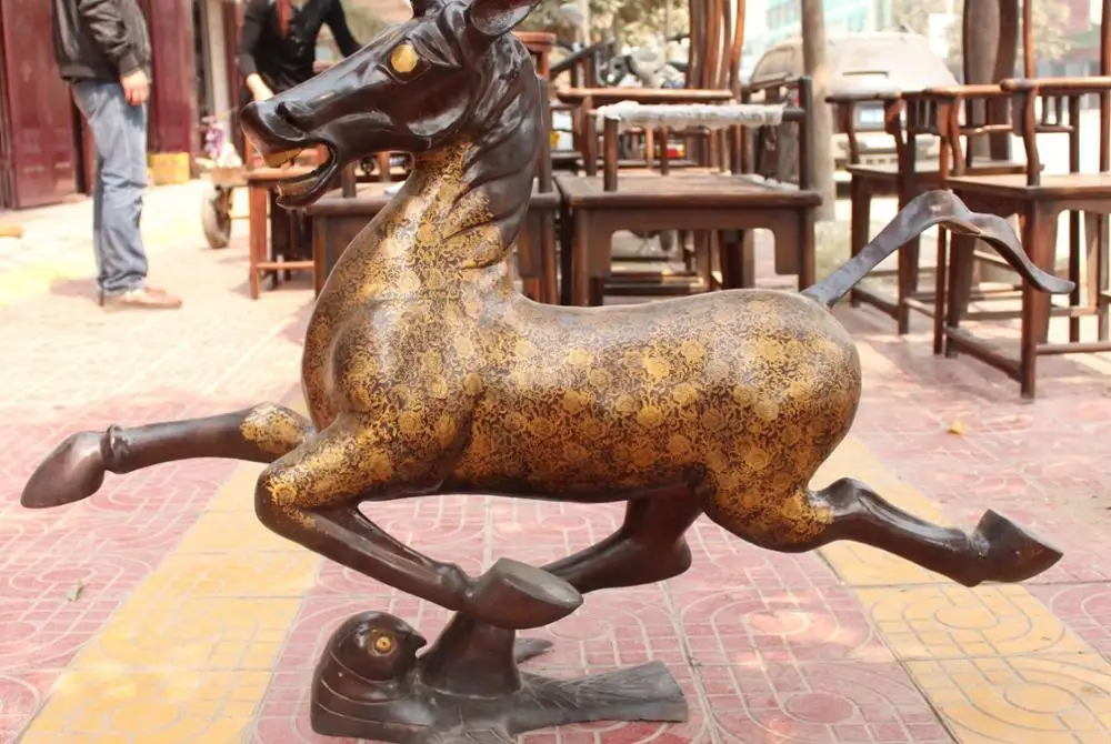 

47" Huge Chinese Bronze Gilt Running Horse riding Chebi Dragon Animal Sculpture
