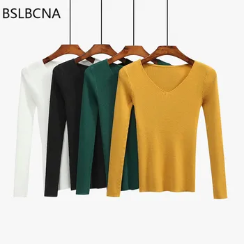 

2019 Autumn Winter Clothes Long Sleeve V Collar Solid Color Bottoming Knitwear Korean Style Slim Bodycon Women Sweater A110