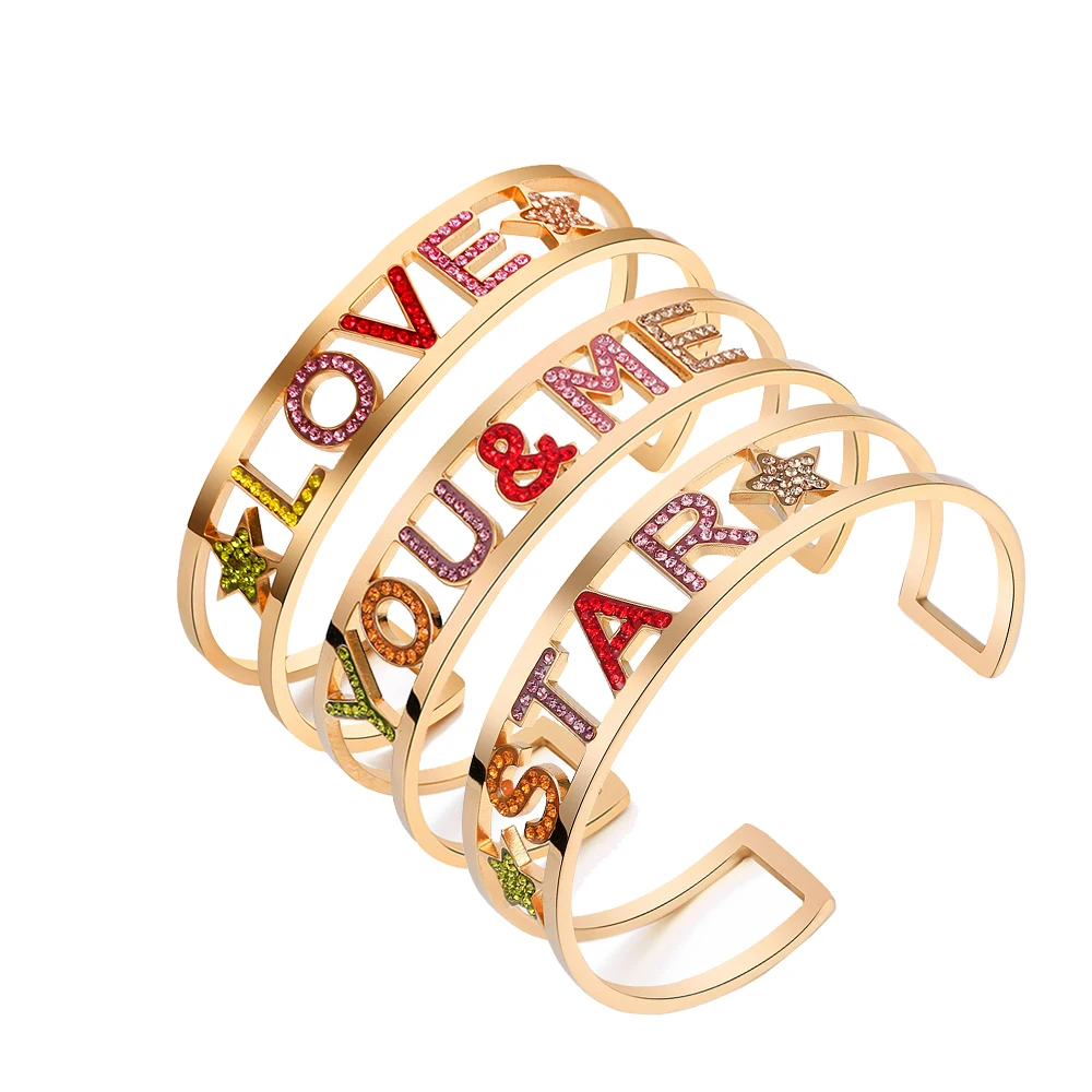 Gold Stainless Steel Bangle for Women Colorful Shining Crystal Letter Cuff Bracelet Carved FOREVER Friendship Opening | Украшения и