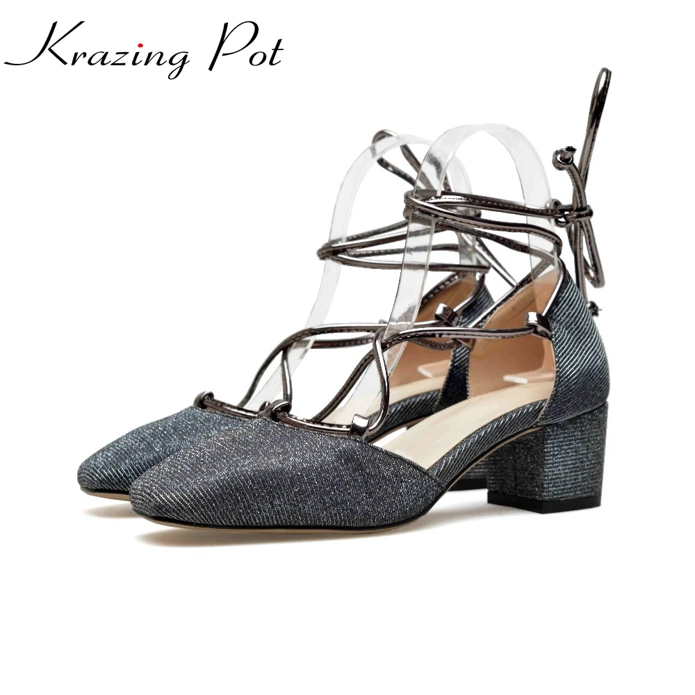 

Krazing Pot new shoes women brand shallow big size 34-43 square toe ankle lace up preppy style med heels bling summer pumps L0f2
