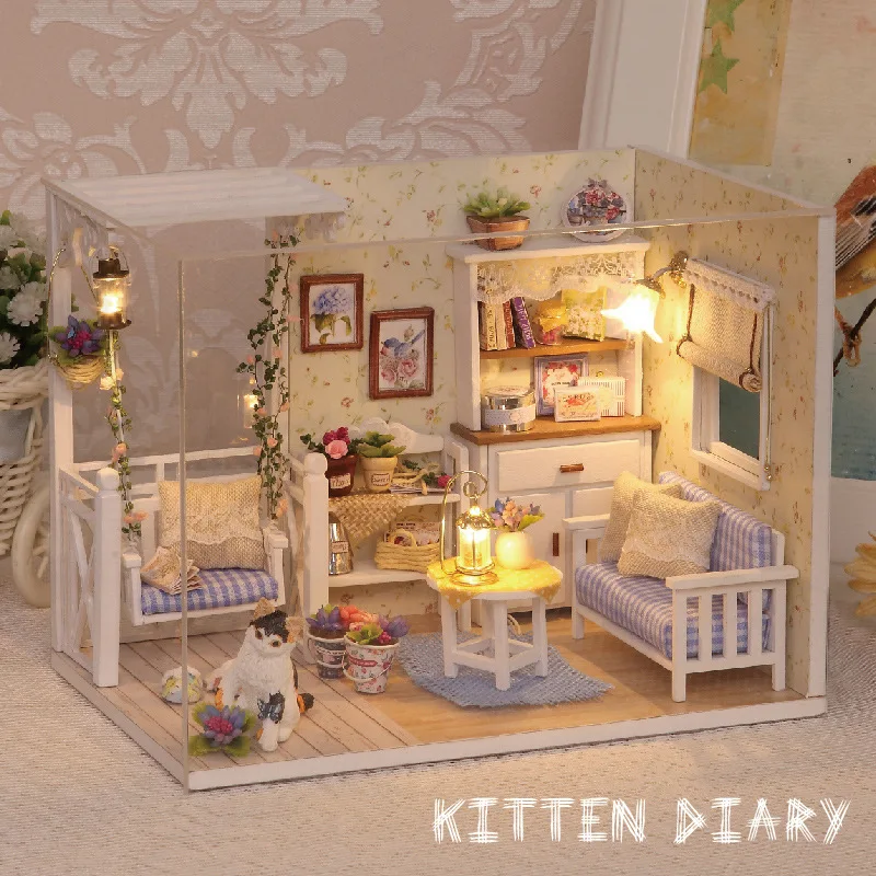 

Original DIY dollhouse kitten diary led living room mini sofa Swing desk bookcase plants gift for girls children