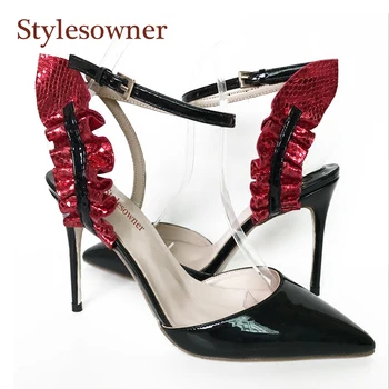 

Red Ankle Leaf Ruffles Strap Sandal Shoe 10cm Thin Heel Pointed Close Toe Lady Summer 2020 Fashionable mix color Zapatos Mujer