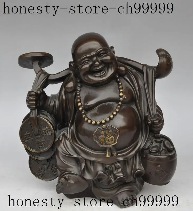 

Crafts statue china buddhism bronze wealth money coin ingot ruyi Maitreya Buddha fu statue halloween