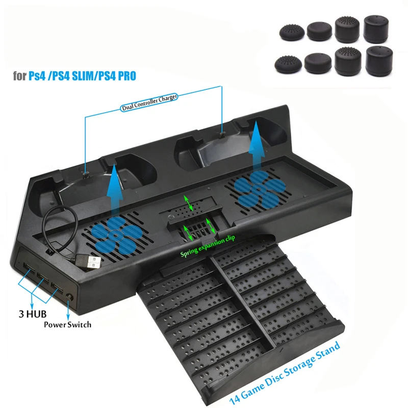 

PS4 Pro Slim Vertical Stand Cooling Fan with Dual Controller Charging Station+3 Extra HUB Ports+joytick grip cap For Sony PS4