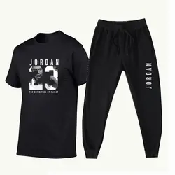 Новый мужской спортивный костюм, летняя футболка с короткими рукавами + штаны для бега из хлопка Jordan 23, спортивный костюм с принтом
