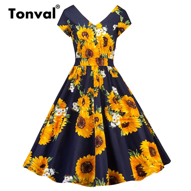 Tonval Vintage Sunflower Rockabilly Dress Retro Women Yellow Flower Tonval Vintage Sunflower Rockabilly Dress Retro Women Yellow Flower Short Sleeve V Neck Fl