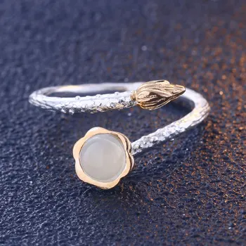 

Genuine 925 Silver Chalcedony Lotus Leaf Party Ring Adjustable Size Silver Flower Rings for Women Anniversary Gifts Jewelry