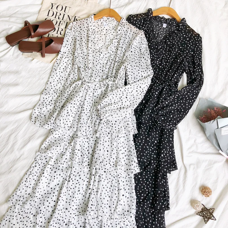 

Women Lantern Sleeve Chiffon Ball Gown Dress Polka Dot Lace Up Bandage Ruffle V-neck Pullover Slim High Waist Pleated Cake Dress
