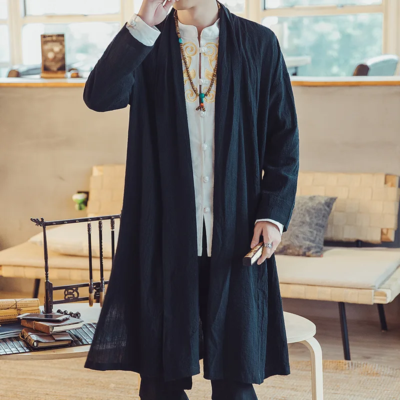 Мужское повседневное пальто, Мужская модная повседневная длинная куртка-кардиган, мужской однотонный плащ непальского стиля, верхняя одежда размера плюс