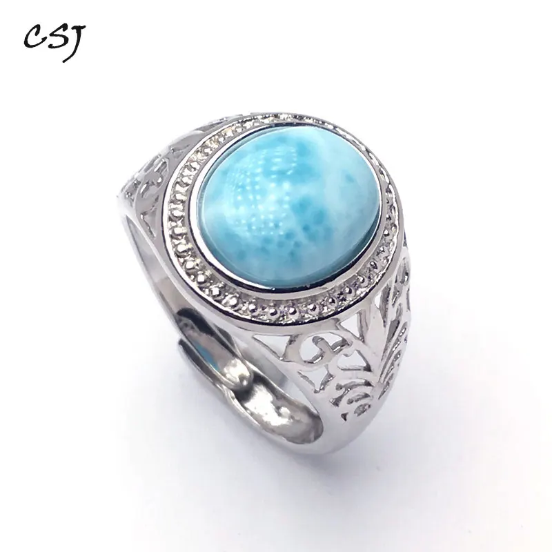 

CSJ New Style Natural blue Larimar rings sterling 925 silver Jewelry Wedding Engagement Party for Women Lady Girl Gift