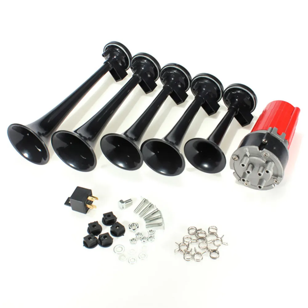 Compressor 12V Car Air Horn + 5Pcs 125DB Black Trumpet