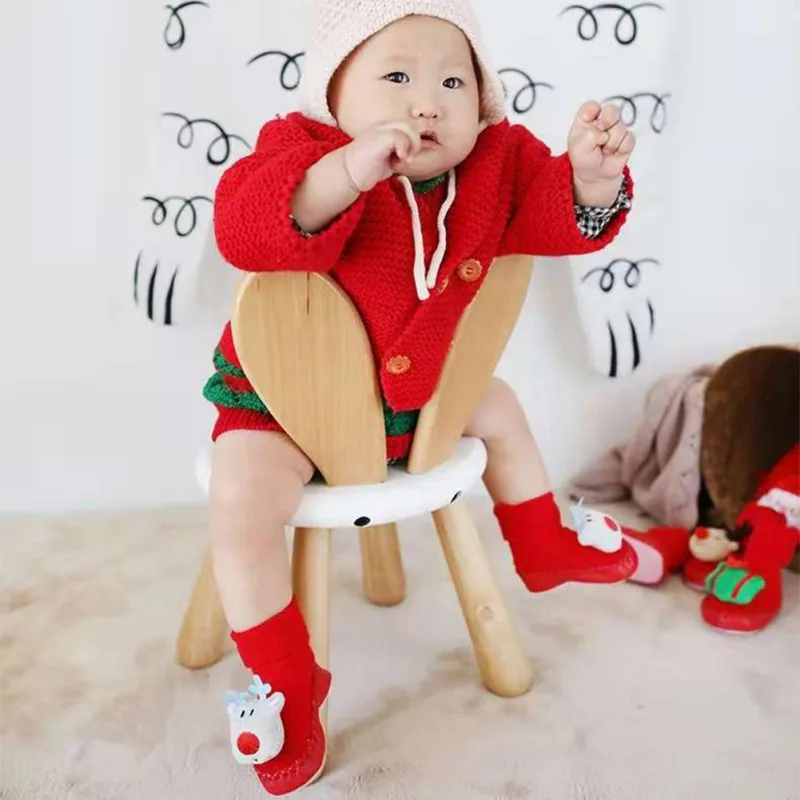 Рождественские наряды для новорожденных мальчиков и девочек осенне-зимние толстые нескользящие носки для малышей милые носки-тапочки для младенцев дышащая одежда