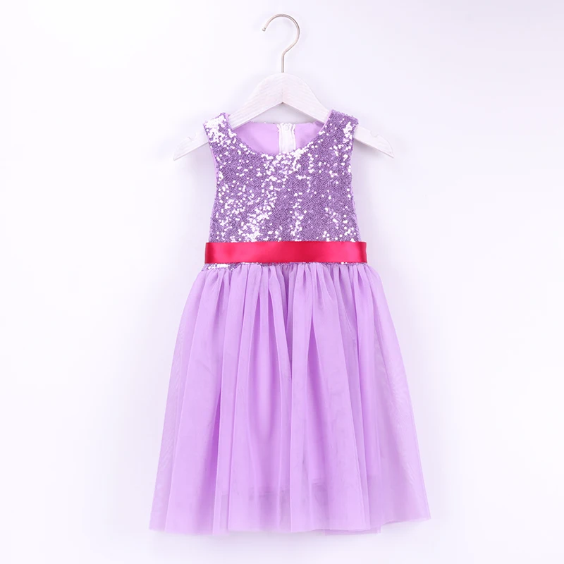 Платья с пайетками для девочек; платье с лавандовым цветком для девочек; детское платье-пачка для дня рождения, свадьбы, дня рождения, фиолетового цвета с блестками