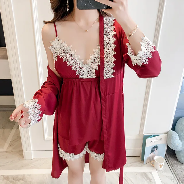 2019 New Women Pajamas Set Sleepwear Satin Floral Trim Pyjamas Suit V-Neck Cami+Pants+Robe Nightwear Kimono Bath Gown M-XL