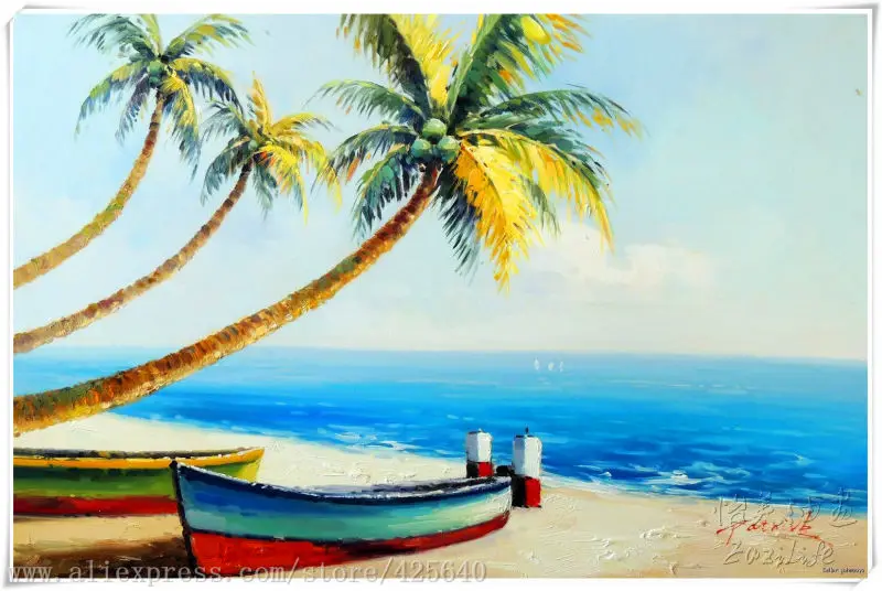 Boat In The Seaside With Coconut Tree Tropical Seascape Oil Painting On Canvas Hight Quality Boat In The Seaside With Coconut Tree Tropical Seascape Oil Painting On Canvas Hight Quality
