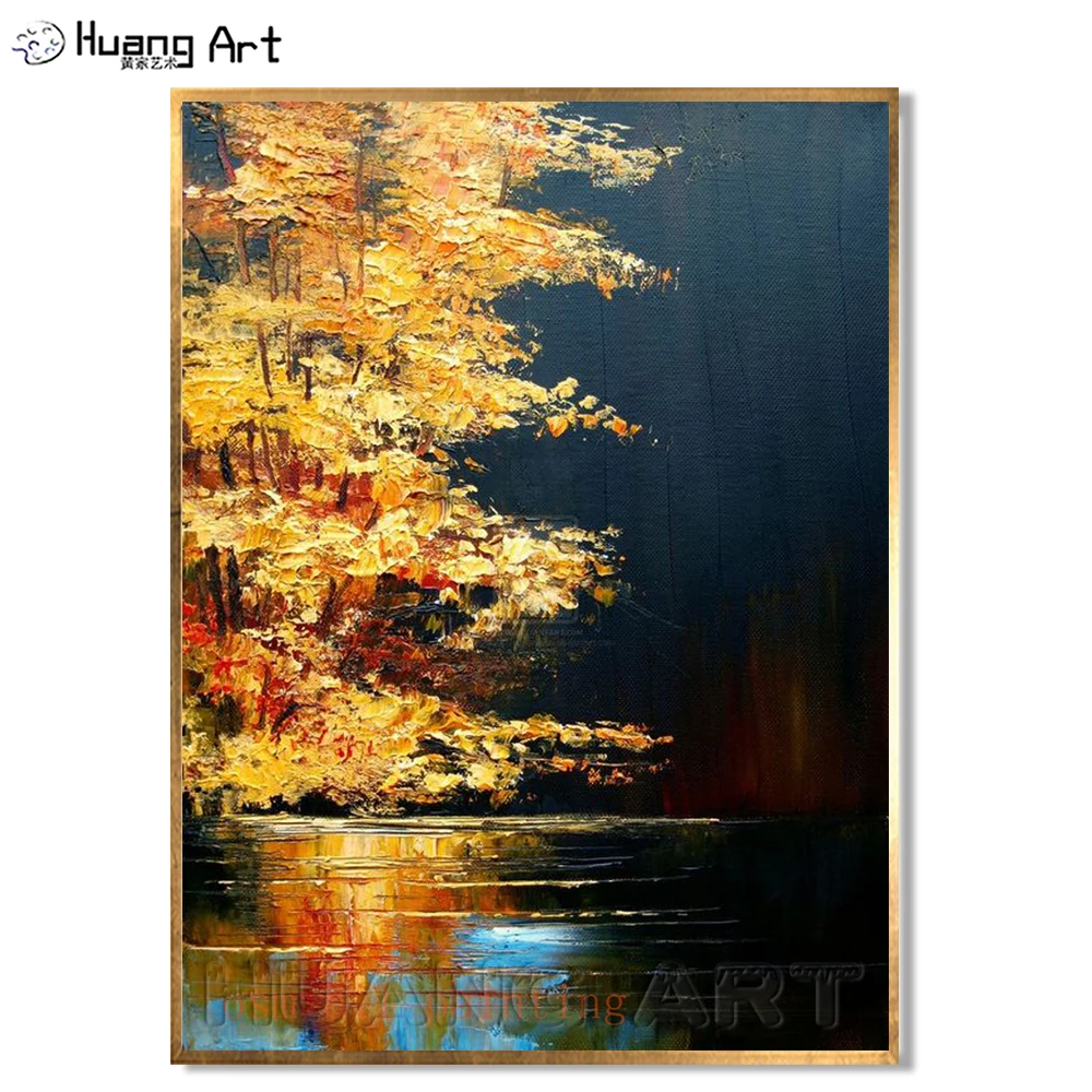 Ручная работа, потрясающий художественный нож, картины маслом на холсте, желтый светильник восхода солнца, цветущее дерево, пейзаж, картина на озере