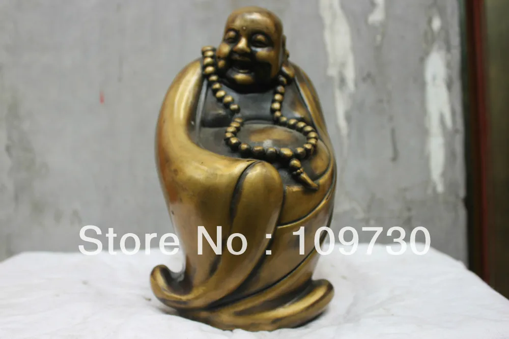 

00867 9'' China Folk Bronze Laughing Happy Buddha Wearing Prayer Beads Statue